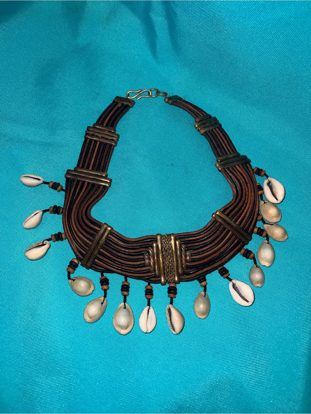 Vintage Cowrie Shell Statement Choker Native Necklace Leather Copper